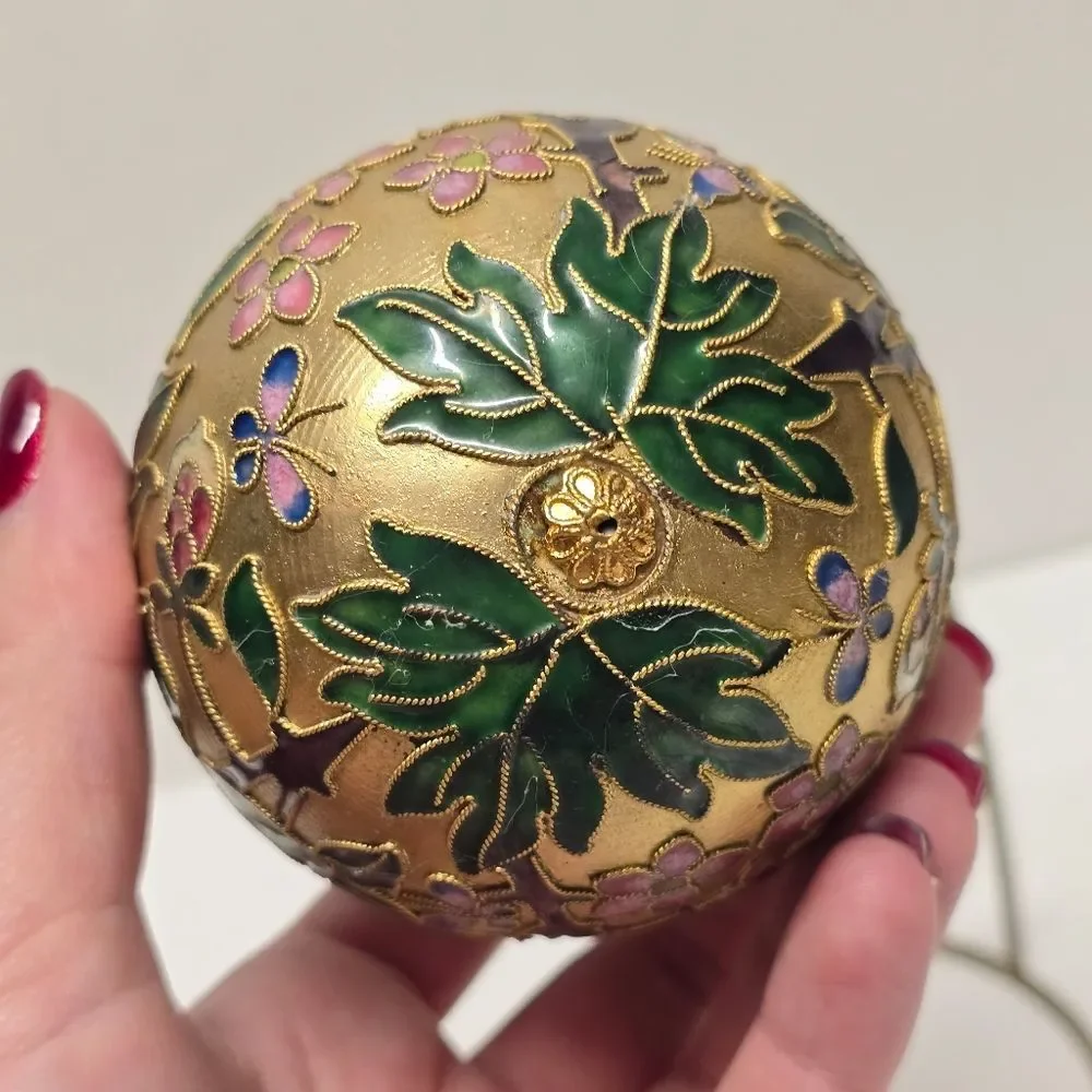 Vintage Floral Cloisonne Enameled Gold Ball Ornament With Stand Christmas Decor
